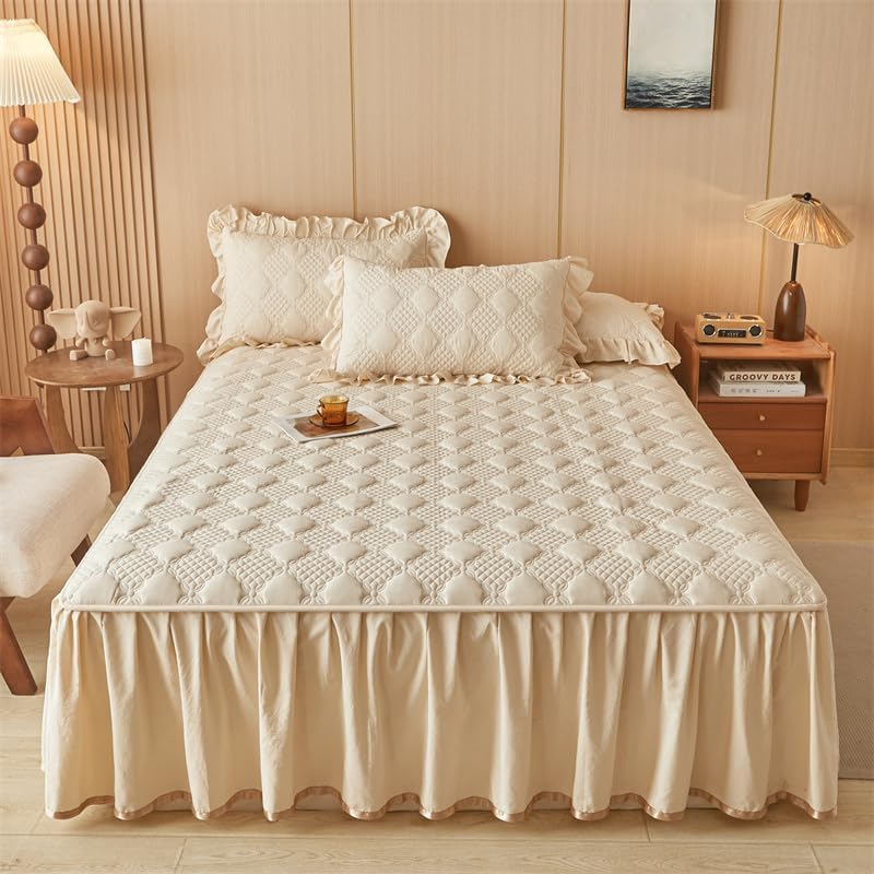 Plaid Quilted California King Size Ruffled Bedspread Set Washable Cotton Bed Coverlet and 2 Pillowcases, Champagne