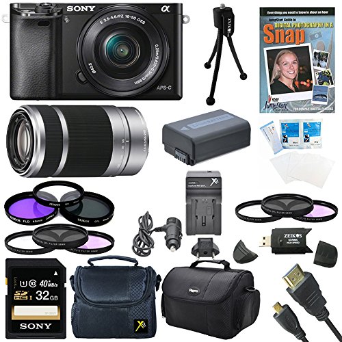 Sony Alpha a6000 Mirrorless Digital Camera with 16-50mm Lens Bundle with 55-210mm Zoom E-Mount Lens, 32GB Memory Card, Training Guide, Battery, 49mm Filter Kit and Accessories (9 Items)