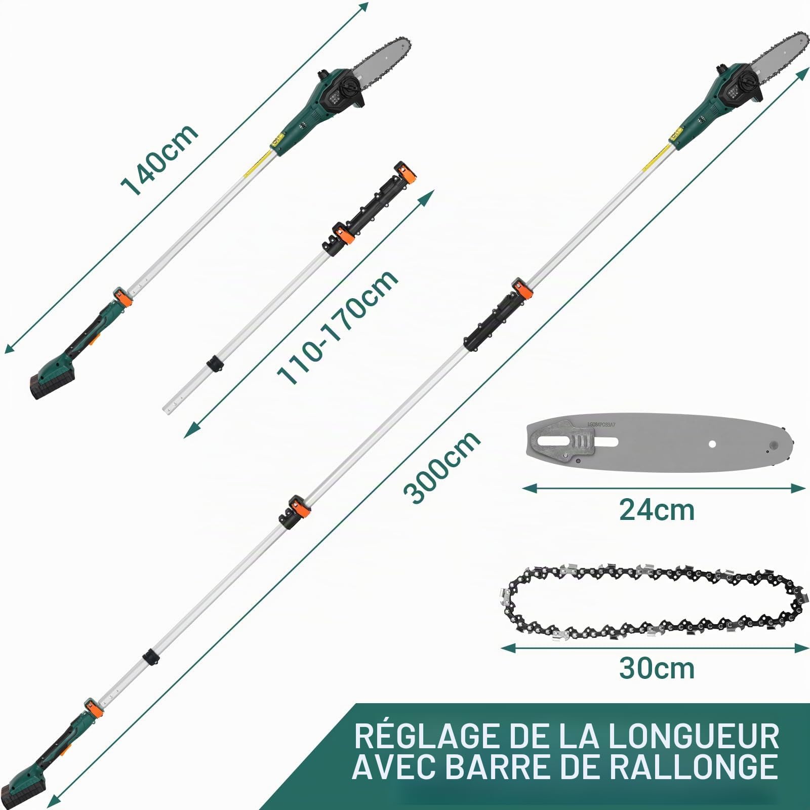 Élagueur sur Perche sans Fil, Perches Élagueuses Électrique, avec Tube d'Extension, Chargeur Rapide/Batterie Li-Ion 20 V 2,5 Ah, Vitesse de Chaîne 6m/s, Longueur de Lame 24cm, Tige en Aluminium, Léger