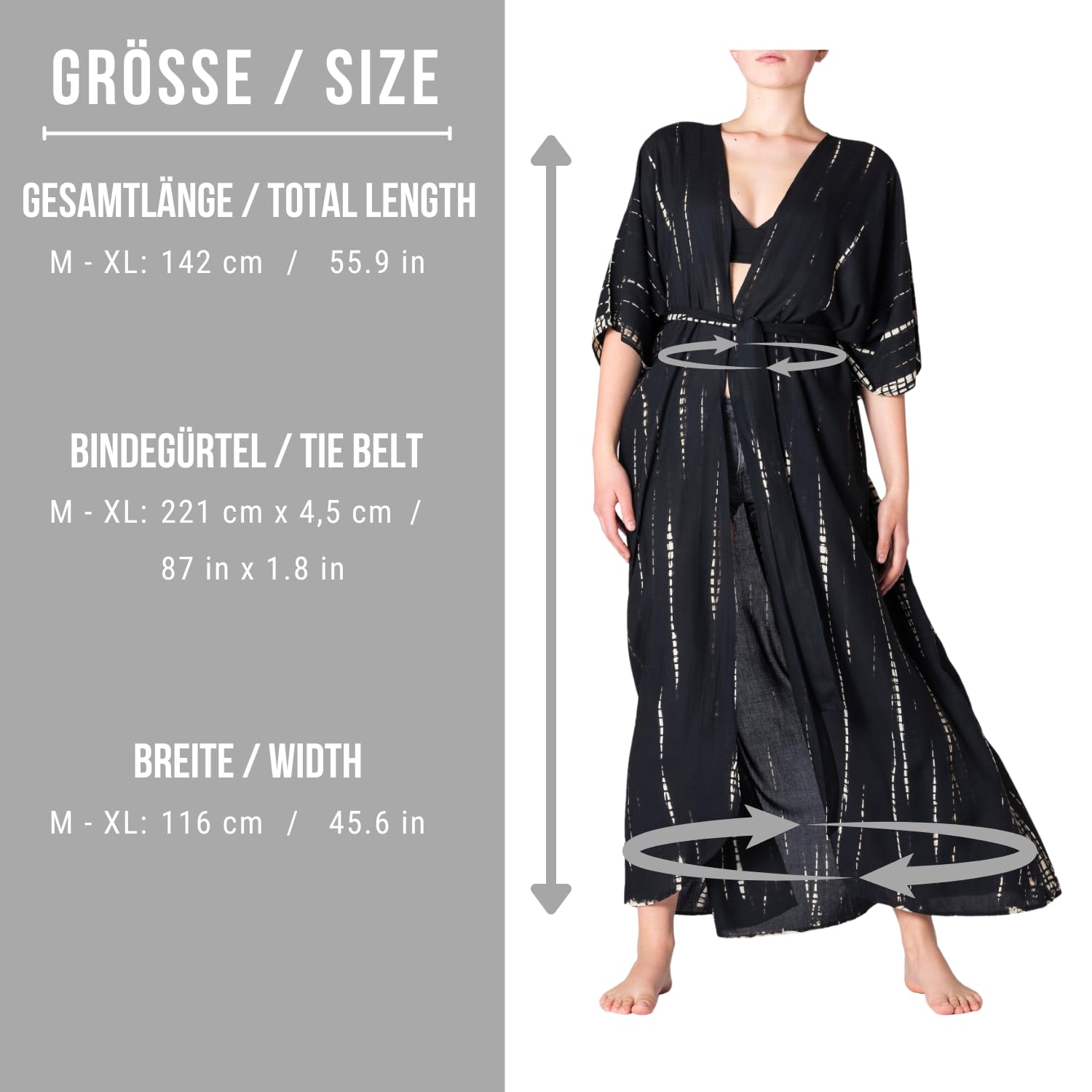 PANASIAM Kimono Batik Mujer - Maxi Salida de playa - Pareo Holgado | Túnica de playa de viscosa, Kimono ligero, Cubre bikini, con cinturón para anudar, Estilo boho, Talla M-XL