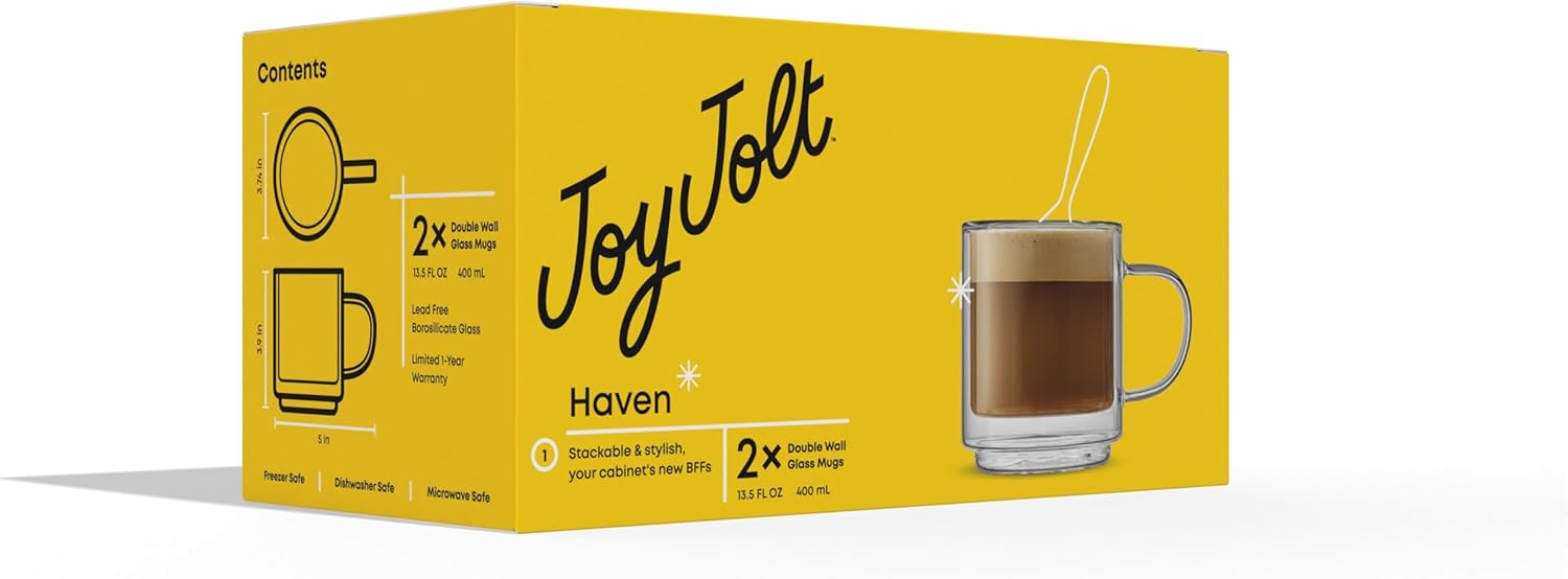 JoyJolt Haven Stackable Double Wall Glass Mugs, Set of 2 (13.5oz) Insulated Coffee Cups, Double Wall Glass Coffee Cups, Tea Cups, Latte Cups, Cappuccino Cups, Clear mugs set of 2 - Image 9