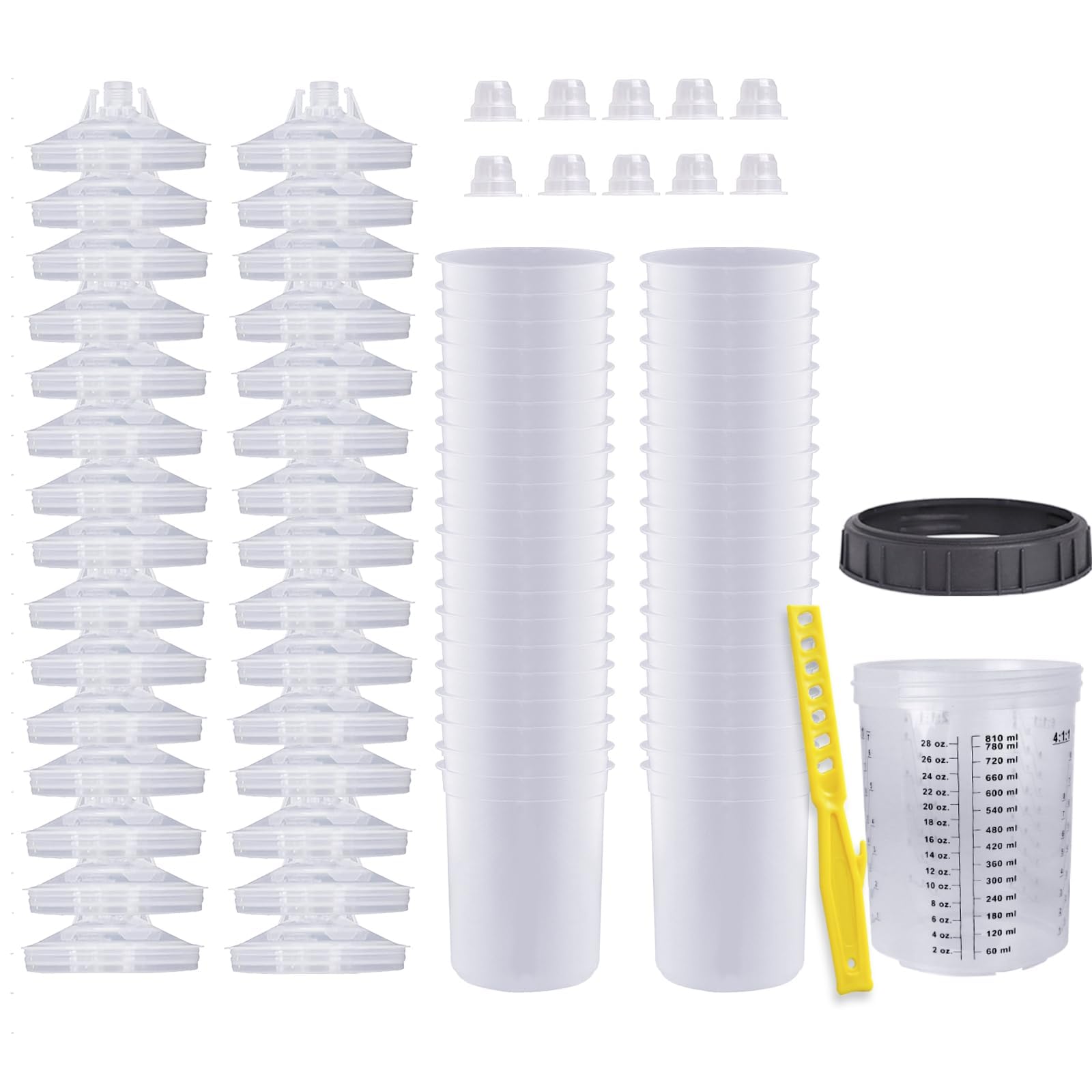 ROIKETU Disposable Paint Sprayer Gun Cup for HVLP Paint Spray Paint Gun,Car Paint Gun Kit with 30 Cup Liners 30 Lids 1 Hard Cup with Retainer Ring,10 Plugs,1 Paint Mixing Sticks (27 Ounce Cup Kit)