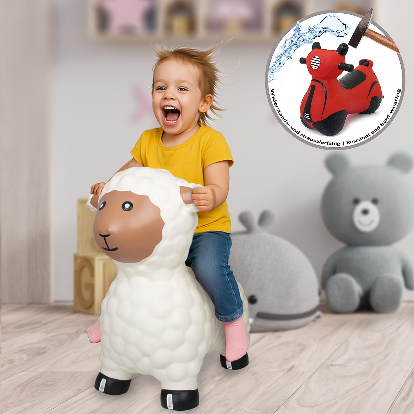 Jamara 460590 - Animal Saltarín Oveja Blanca con Bomba – Peso hasta a 50 kg, Orejas como Soporte, Resistente, Promueve el Sentido del Equilibrio, Simple de Limpiar