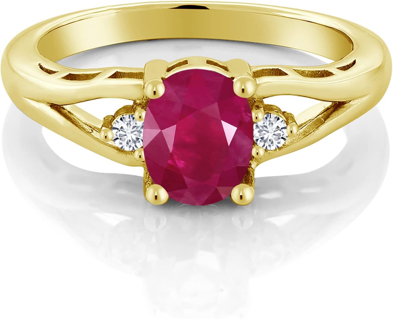 Gemstone Birthstone and Lab Grown Diamond 3-Stone Engagement Ring for Women | 18K Yellow Gold Plated Silver | Oval 8X6MM and Round 2MM | Three-Stone Wedding Anniversary Promise Ring | Sizes 5-9 - Image 2