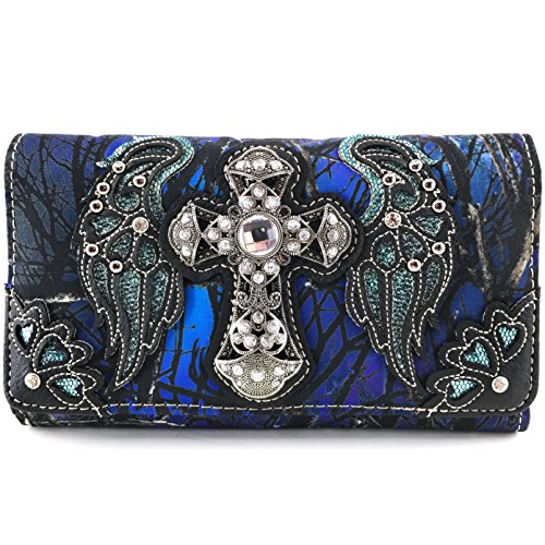 Zelris Camouflage Shine Glow Cross Wings Women Crossbody Trifold Wallet