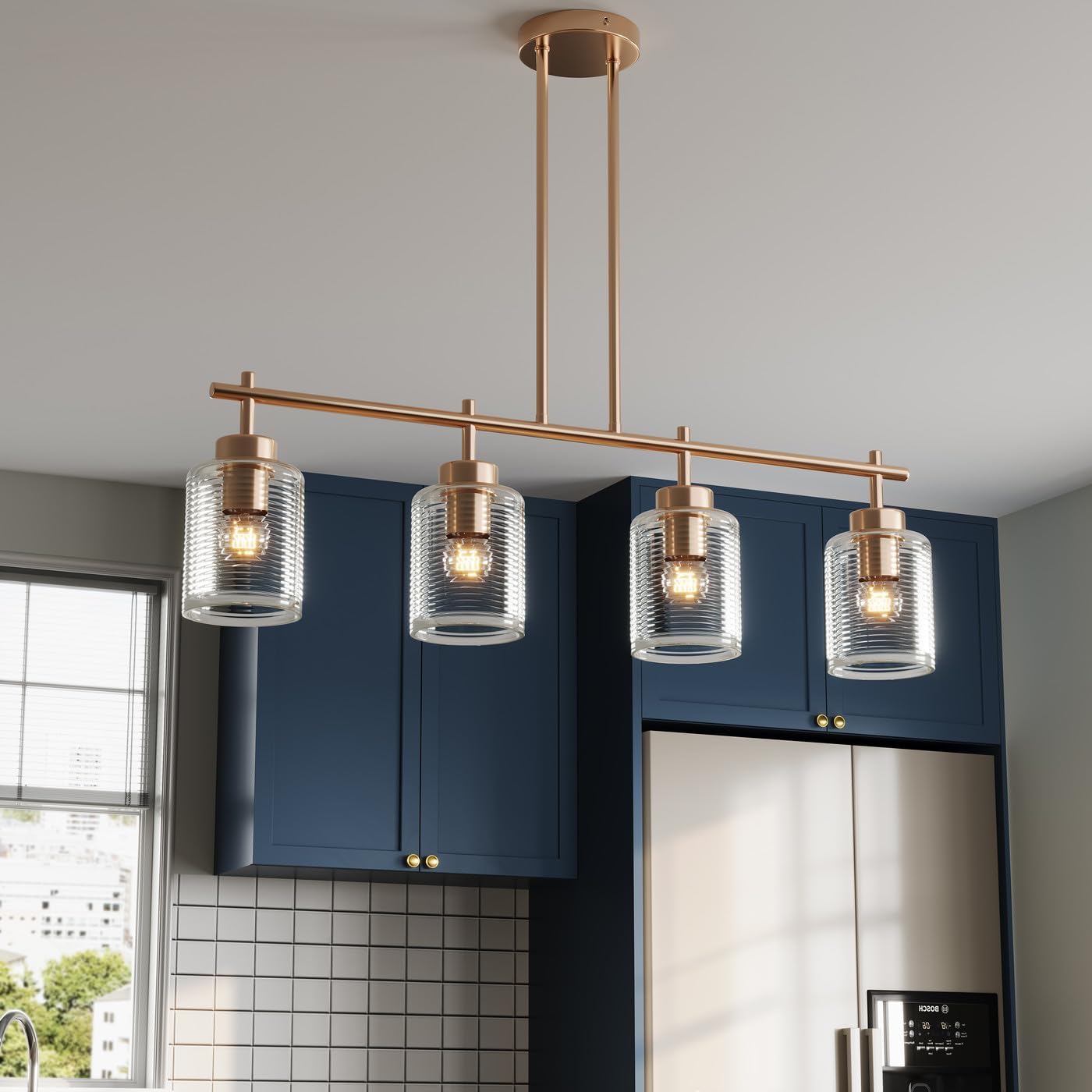 4-Light Kitchen Island Lighting, Modern 29.92. inch Gold Island Chandelier with Stripe Glass Shade, Industrial Linear Pendant Lighting Over Table, Pendant Light Fixture for Dining Room