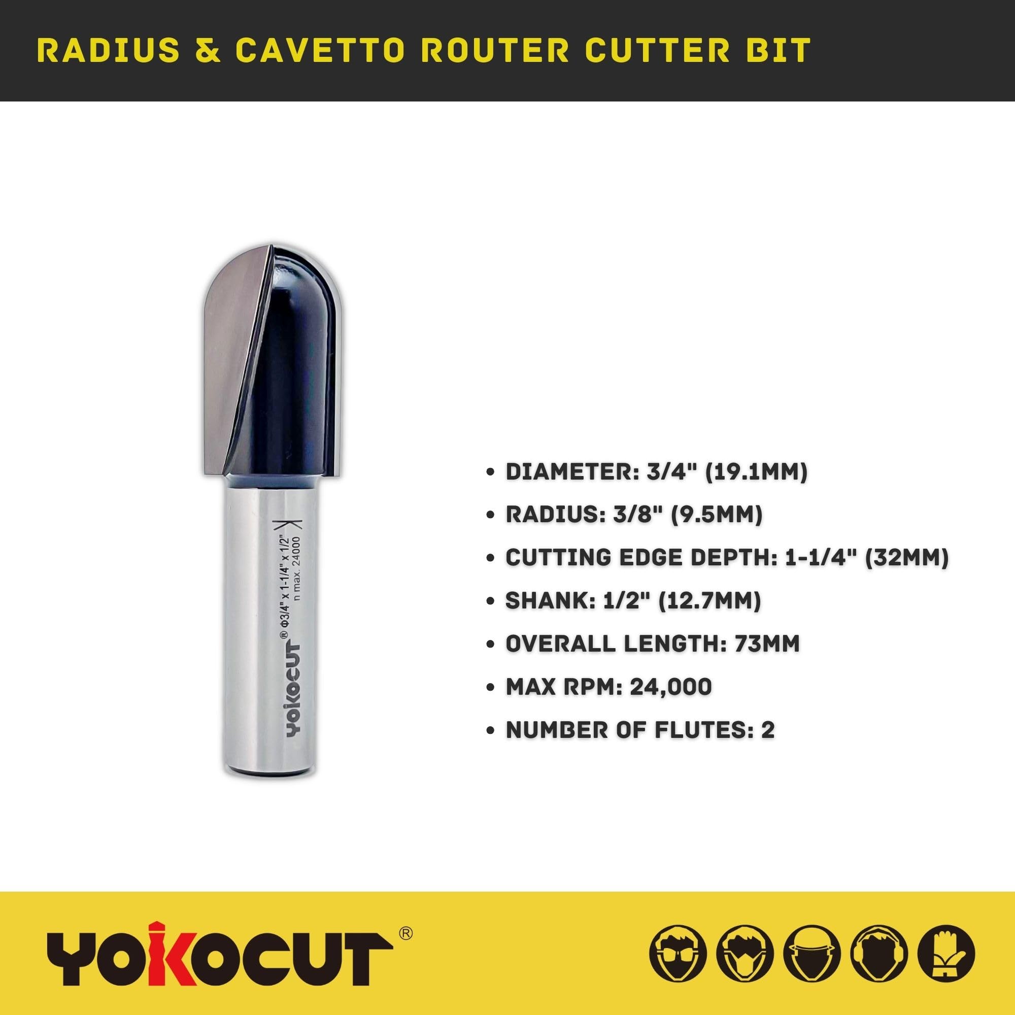 YOKOCUT Radius & Cavetto Router Cutter Bit, 1/2 Inch Shank, 9.5mm Radius and 73mm Overall Length - Image 2