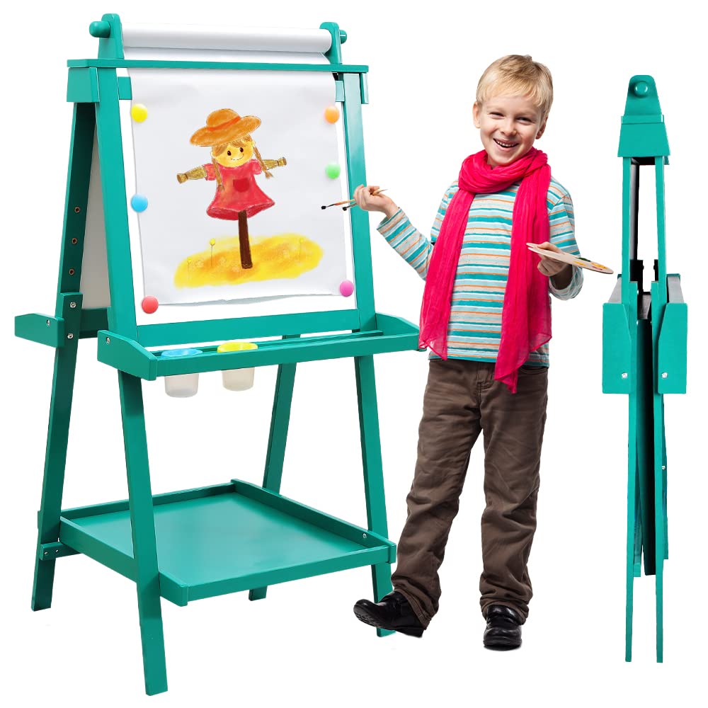 Easel for Kids Deluxe Foldable All-in-1 Toddler Easel with Paper Roll& 84pcs Accessories Magnetic Chalk-Whiteboard Art Center for Kids 3 4 5 6 7 8 Years Old Boys Girls-Green