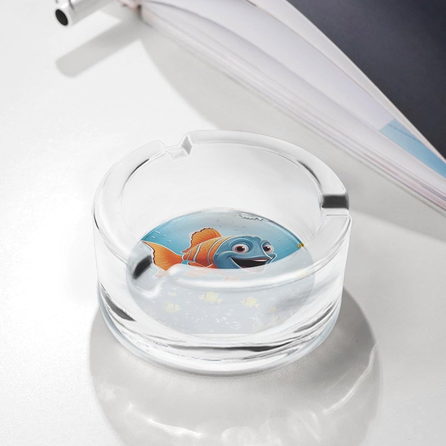 Glass Ashtrays Fish Under The Sea Round Ash Tray for Cigarette Cigar Decorative Ashtray for Home Office Patio Outdoor