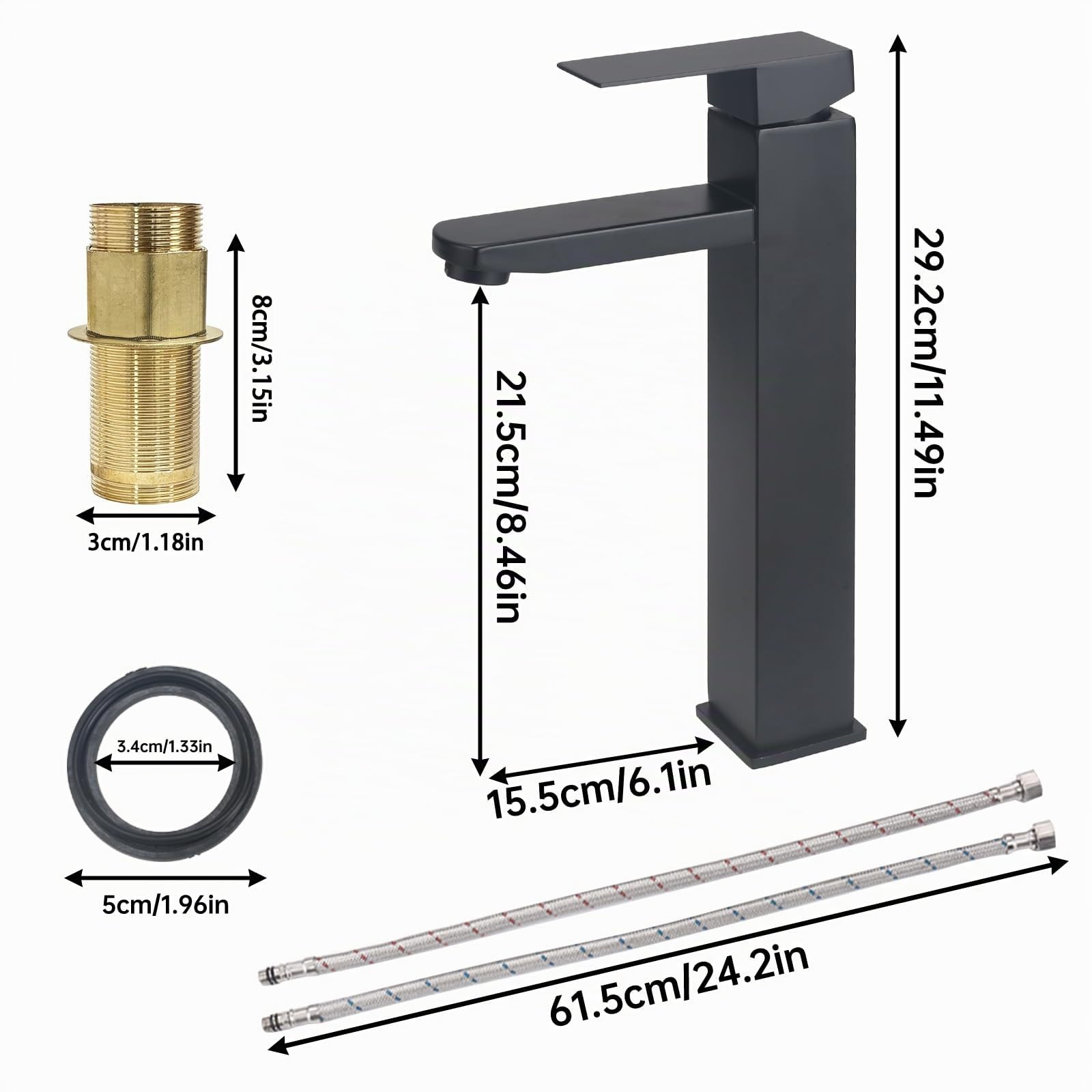 Grifo Lavabo Alto Grifo Baño Grifo Monomando Lavabo con Altura de Salida de 215 MM Grifo Lavabo Negro Acero Inoxidable con Cartuchos Cerámicos para Agua Caliente y Fría Negro