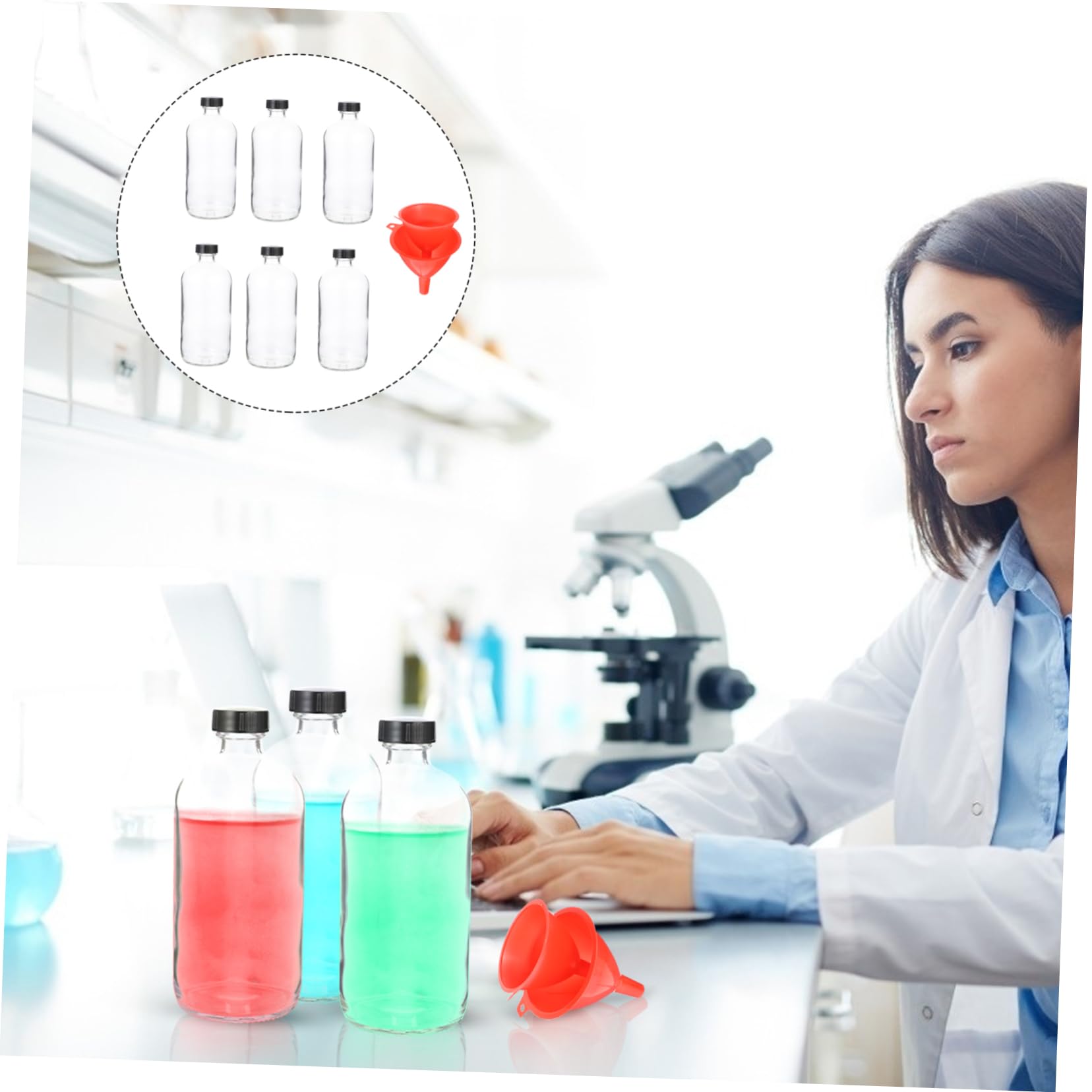ABOOFAN 6piezas Frasco De Reactivo De Vidrio Transparente Botella De Boca Estrecha Para Muestras Incluye Embudo Para Laboratorio o Química