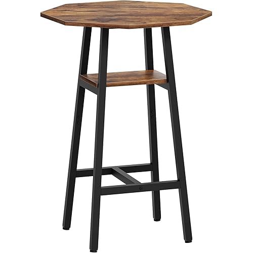 Bar Table, Small Pub Table, 2-Tier with Storage, Octagonal Counter Pub Table with Top Particleboard and Sturdy Metal Support for Living Room, Dining Room, Home Bar, Cafe, Rustic Brown BT07BR