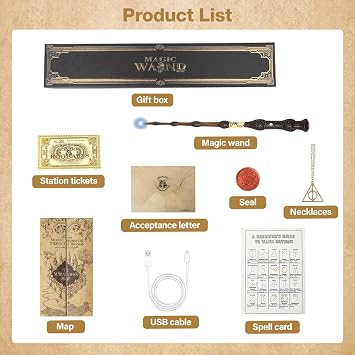 Magic Wand, 38 cm Dumbledore Light Up Wand, Magic Wands in Gift Box with Spell Card, Station Ticket & Necklace Bracelet,Dumbledore Magice Wands in Gift Box Suitable for Halloween Costume Parties