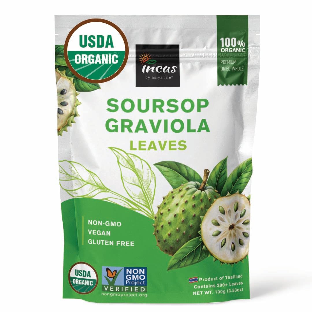 INCAS USDA Organic 200+ Premium Soursop Graviola Dried Leaves, 200+ Cups, 200-230 Pure Leaves, Non GMO Verified, 100% Natural, Whole Leaves, Wildcrafted, Graviola, Hoja Guanabana, Loose Leaf Herbal