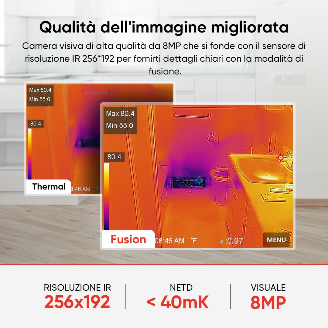 HIKMICRO Telecamera termica da PocketC con risoluzione IR di 256 x 192 pixel e camera visiva da 8MP, 25 Hz, scanner termico con schermo touch da 3,5 pollici, IP54, -20℃~400℃, senza WiFi