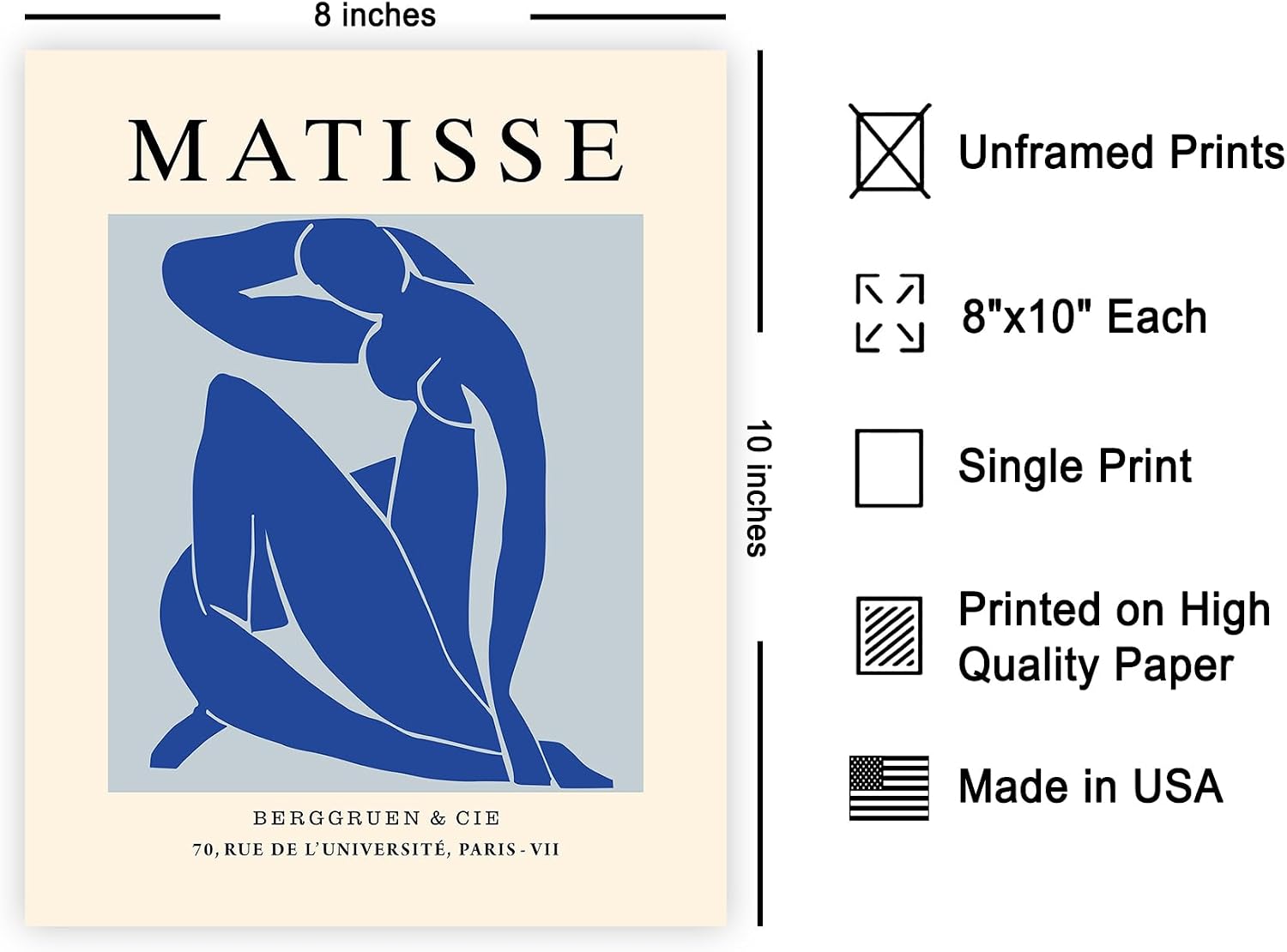 Poster Master Vintage Henri Matisse Poster - Retro Blue Nude Print - Nu Bleu II Art - Female Body Art - Gift for Him & Her - Minimal Decor for Living Room, Bedroom or Office - 8x10 UNFRAMED Wall Art