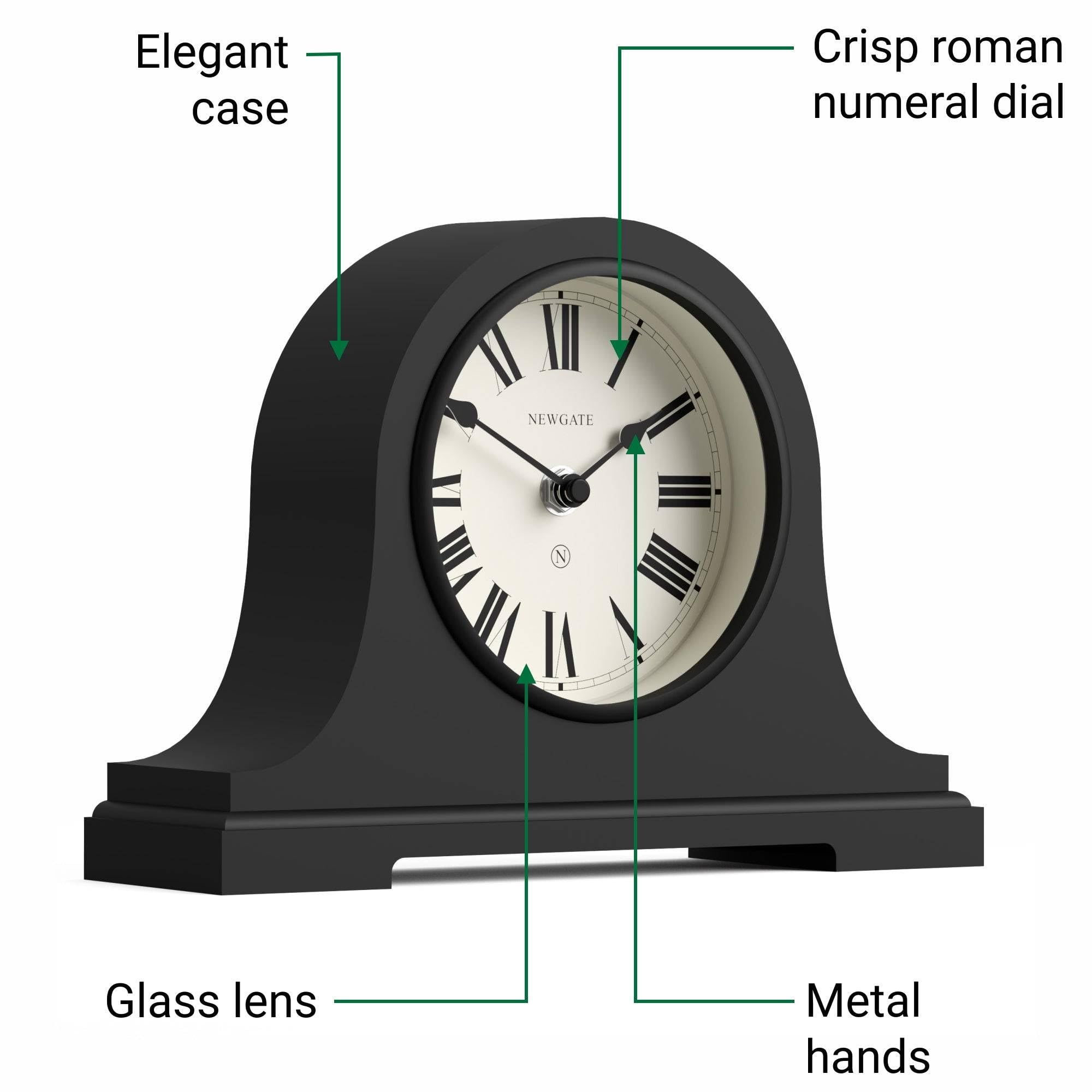 NEWGATE® Broadway Reloj de repisa | Diseño clásico del Sombrero de Napoleón | Negro | Números Romanos | Estilo Tradicional para Escritorio, Superficie de Mesa, estantería o mesilla