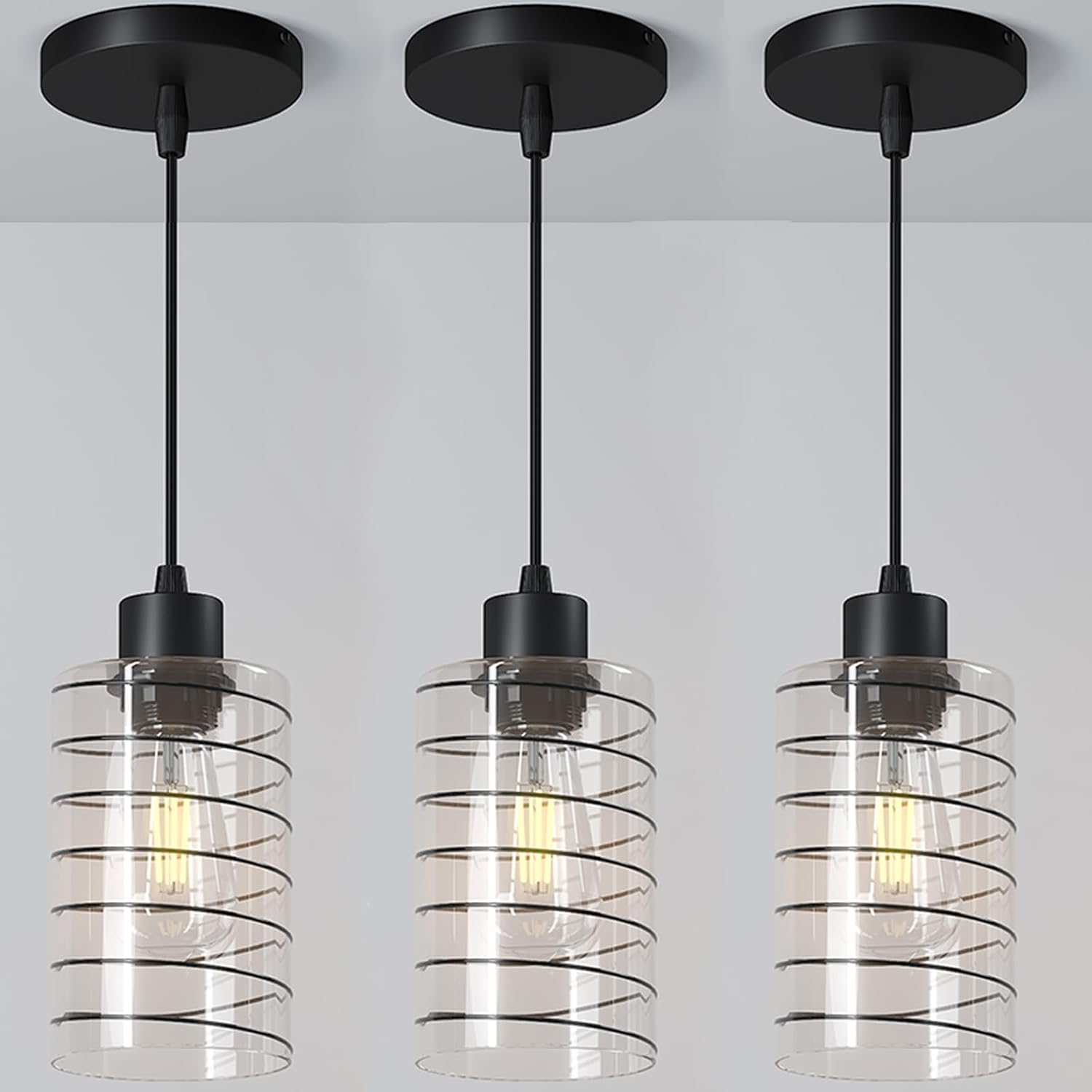baunoisk Black Pendant Light Fixtures Small Cool Design Industrial Pendant Lights 3 Pack Modern Clear Glass Pendant Light Farmhouse Pendant Lights for Kitchen Island Hallway Porch Corridor Bedroom