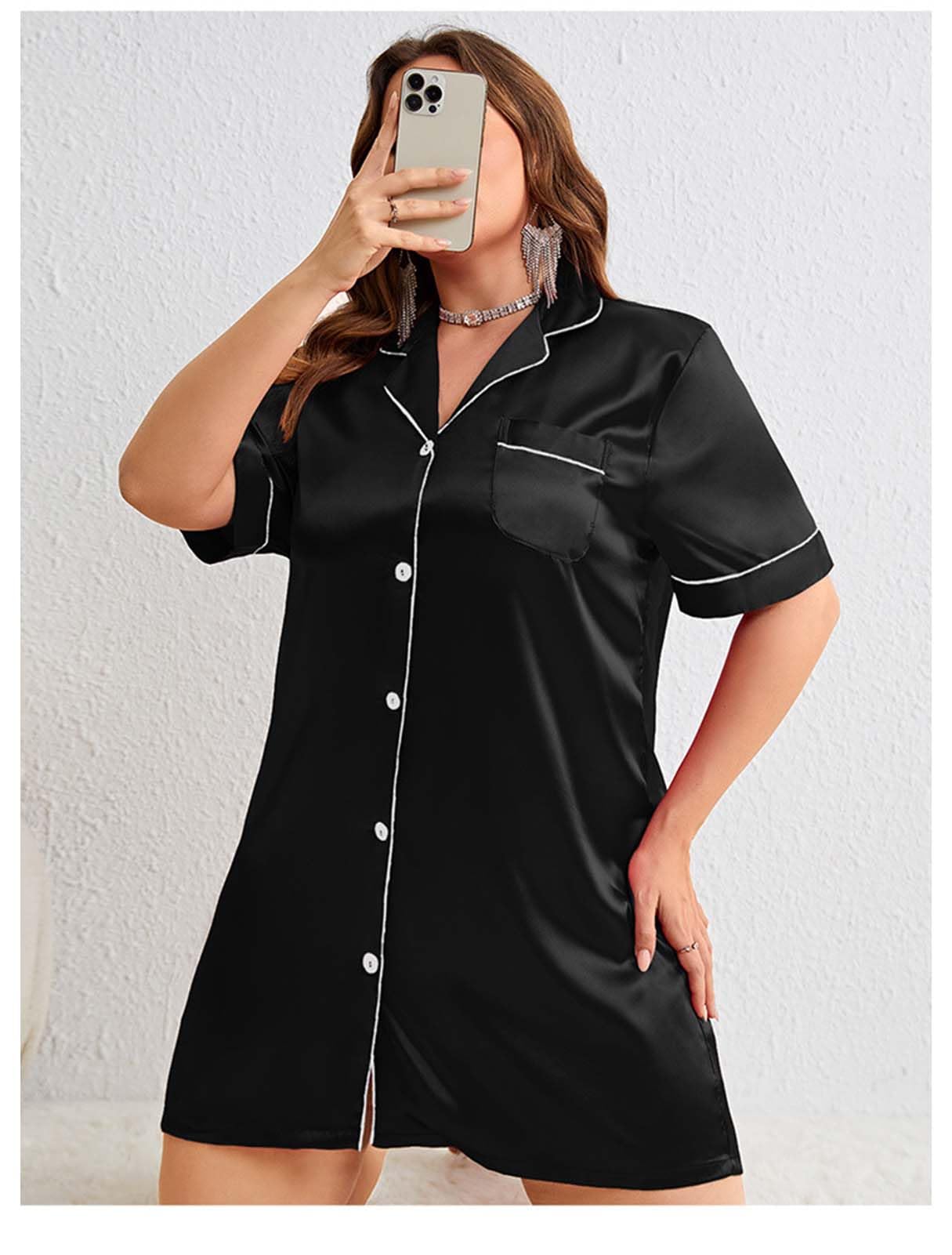 Camicie da Notte in Raso per Le Donne di Seta Pigiameria Pulsante Giù Sleepshirt Manica Corta Scollo a v Camicie con Tasche
