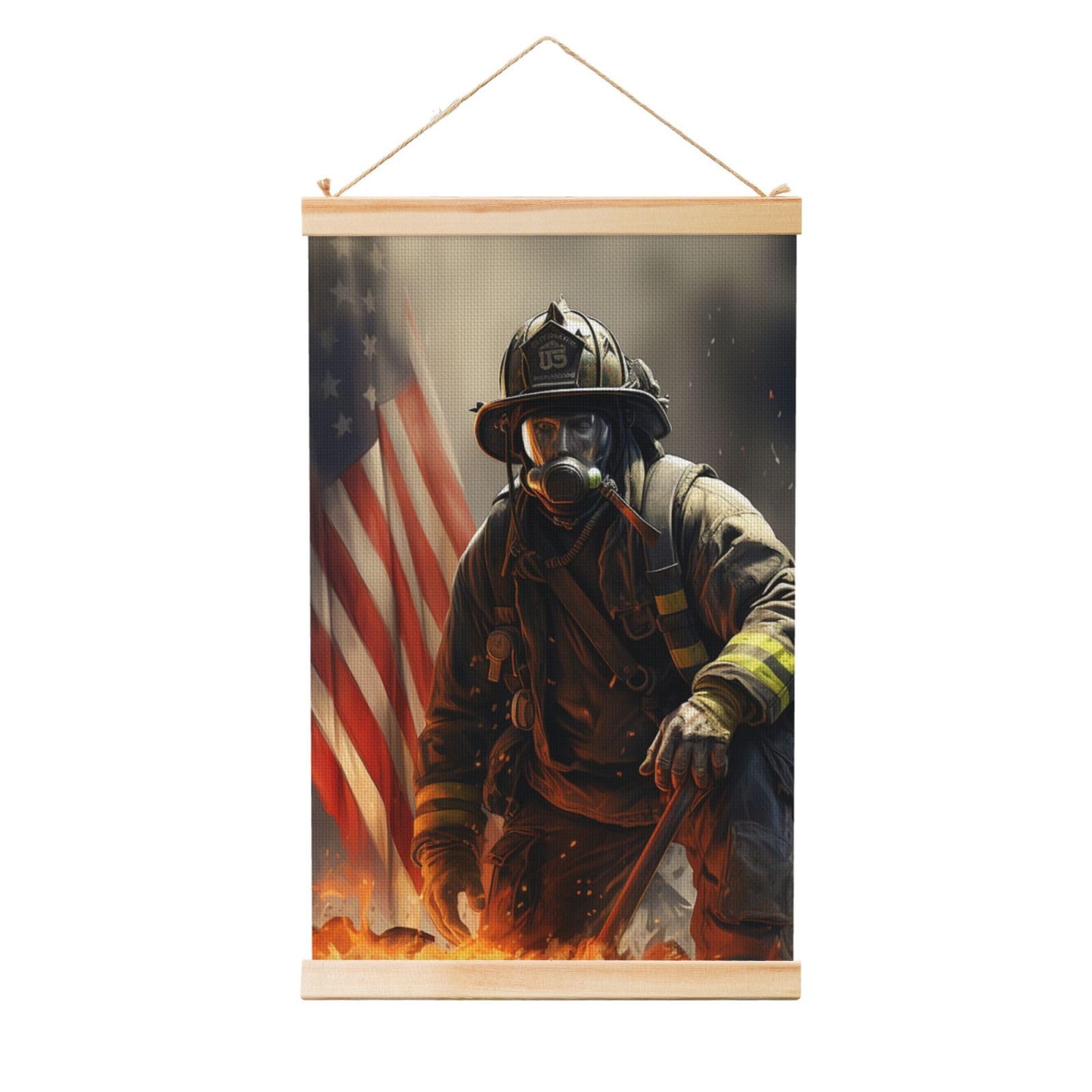 Patriotic Firefighter Poster Wooden Shaft Hanging Poster Wall Hanging Banner Canvas Artwork with Wood Frames 36"x24" Modern Artwork Decor Ready to Hang Wall Art for Home Decor Scroll Painting