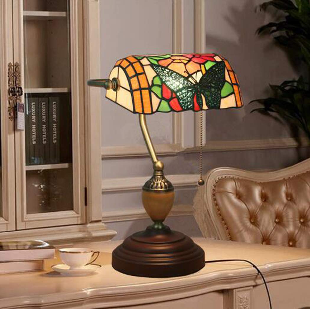 Tiffany-Stil Bank Lampe Europäische Art-Weinlese Buntglas-Tabellen-Lampe Für EIN Großes Geschenk Der Eltern Und Liebhaber Schmetterlings-Blumen/Tulip/Libelle/Mittelmeer,B