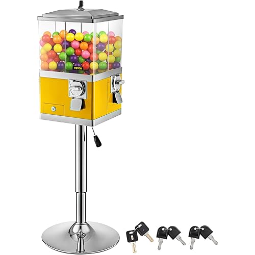 VEVOR Gumball Machine with Stand, Yellow Quarter Candy Dispenser, Rotatable Four Compartments Square Candy Vending Machine, PC & Iron Large Gumball Bank Adjustable Dispenser Wheels for 1" Gumballs