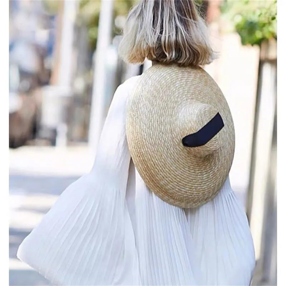 Sombrero para El Sol con Parte ior Plana De ala Ancha, Sombrero De Verano Grande para Mujer con ala Suave, Sombrero De Paja con Protección Solar, Sombrero De Playa para Viajes, 18 Cm