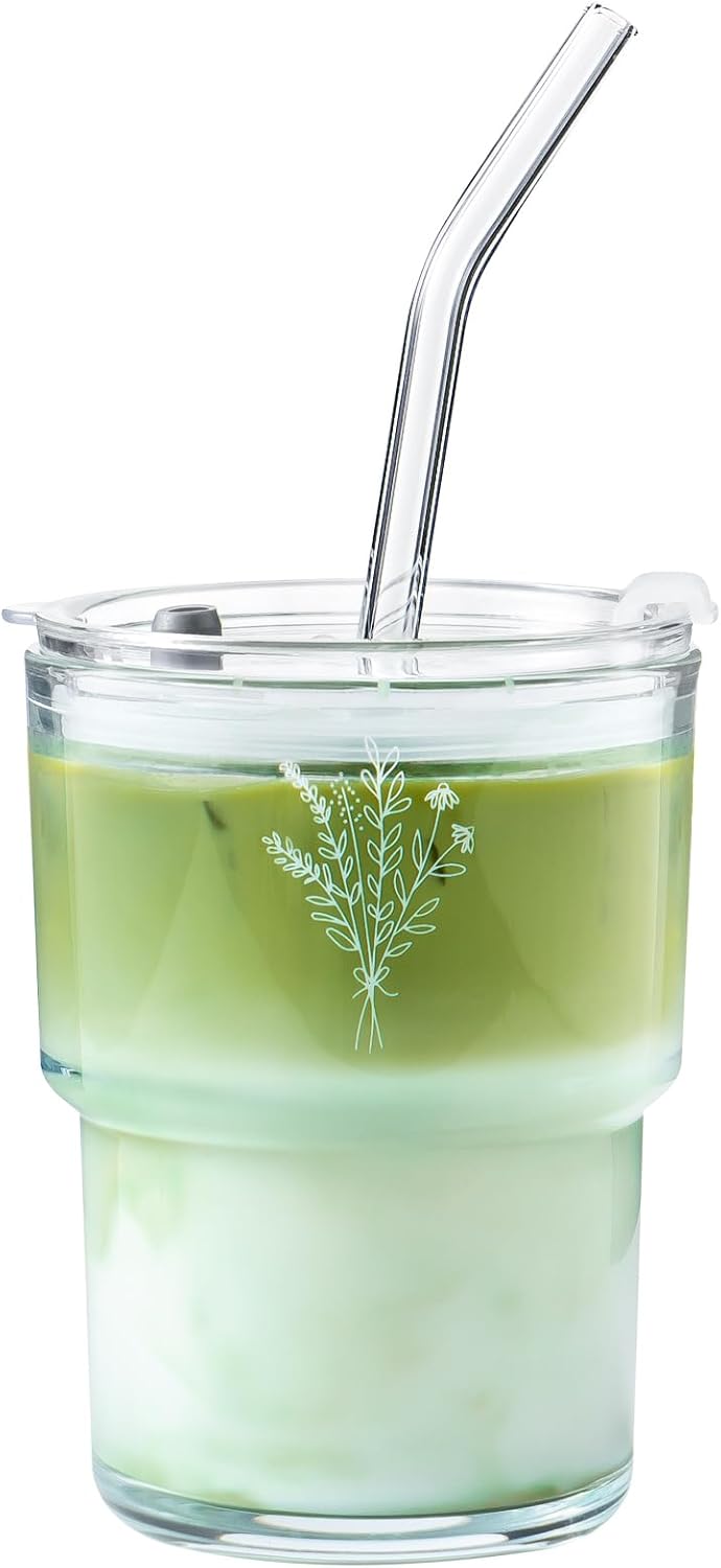 13oz Glass Tumbler with Straw and Lid, Reusable Iced Coffee Cup Tumbler, Cute Glass Cups for Water, Matcha, Travel Coffee Mugs (Wildflower- 13oz)