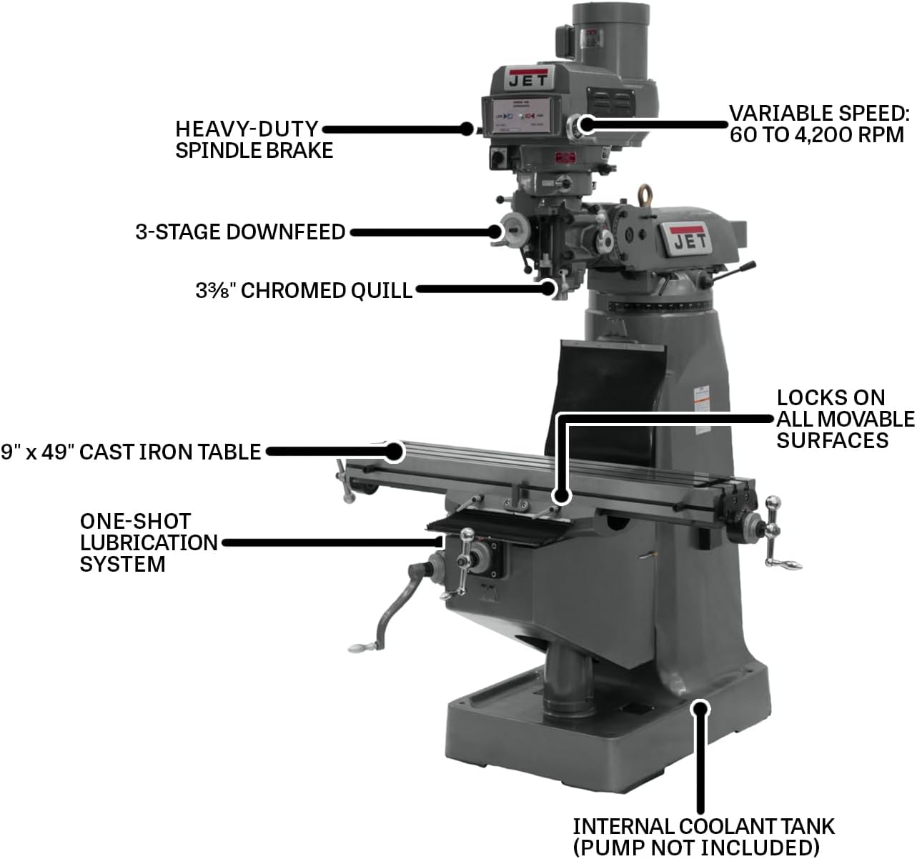 JET Variable-Speed Vertical Mill, 2 HP, 115/230V 1Ph (Model JTM-4VS-1)