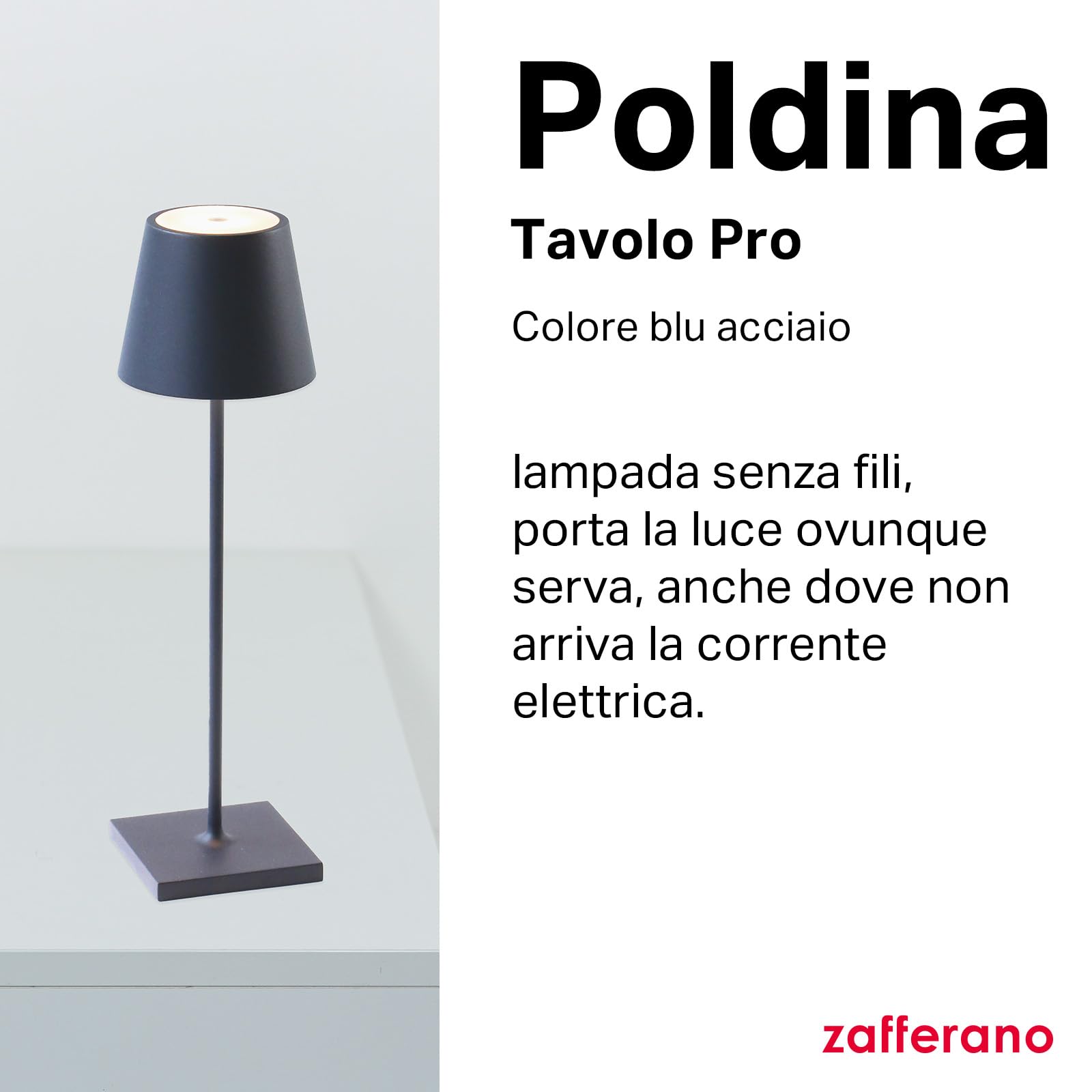 Zafferano, Poldina Pro, Lampada da Tavolo Ricaricabile e Senza Fili con Controllo Touch, Adatta per Salotto ed Esterni, Dimmer, 2200-3000 K, Altezza 38 cm, Colore Blu Acciaio, Esclusiva Amazon