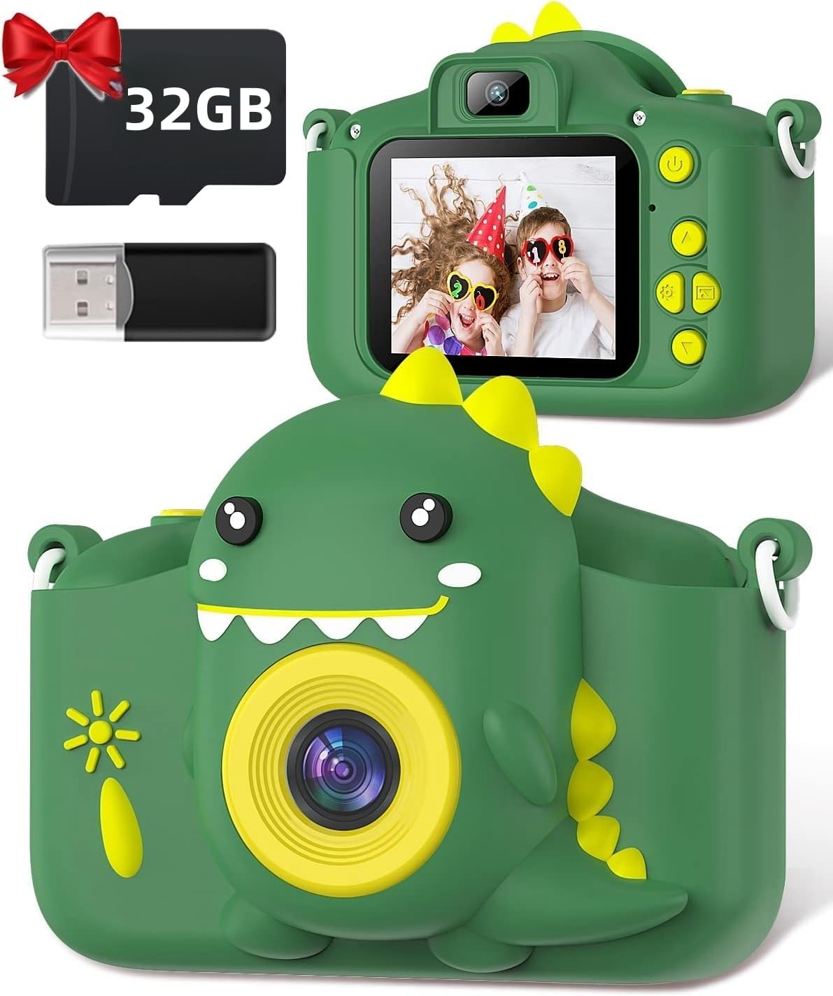 Kinderkamera, Gofunly Kinder Kamera 1080P 2,0-Zoll-Bildschirm Selfie Digitalkamera mit 32GB-Karte für 3-12 Jahre Jungen Mädchen Geburtstagsgeschenk Weihnachten Spielzeug Grün Dinosaurier