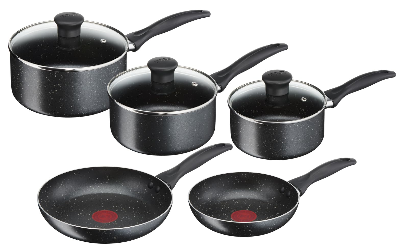 Tefal Origins Batterie de cuisine 8 pièces, 3 casseroles 16/18/20 cm, 2 poêles 20/24 cm, 3 couvercles verre, Non induction, Revêtement antiadhésif, Thermo-signal