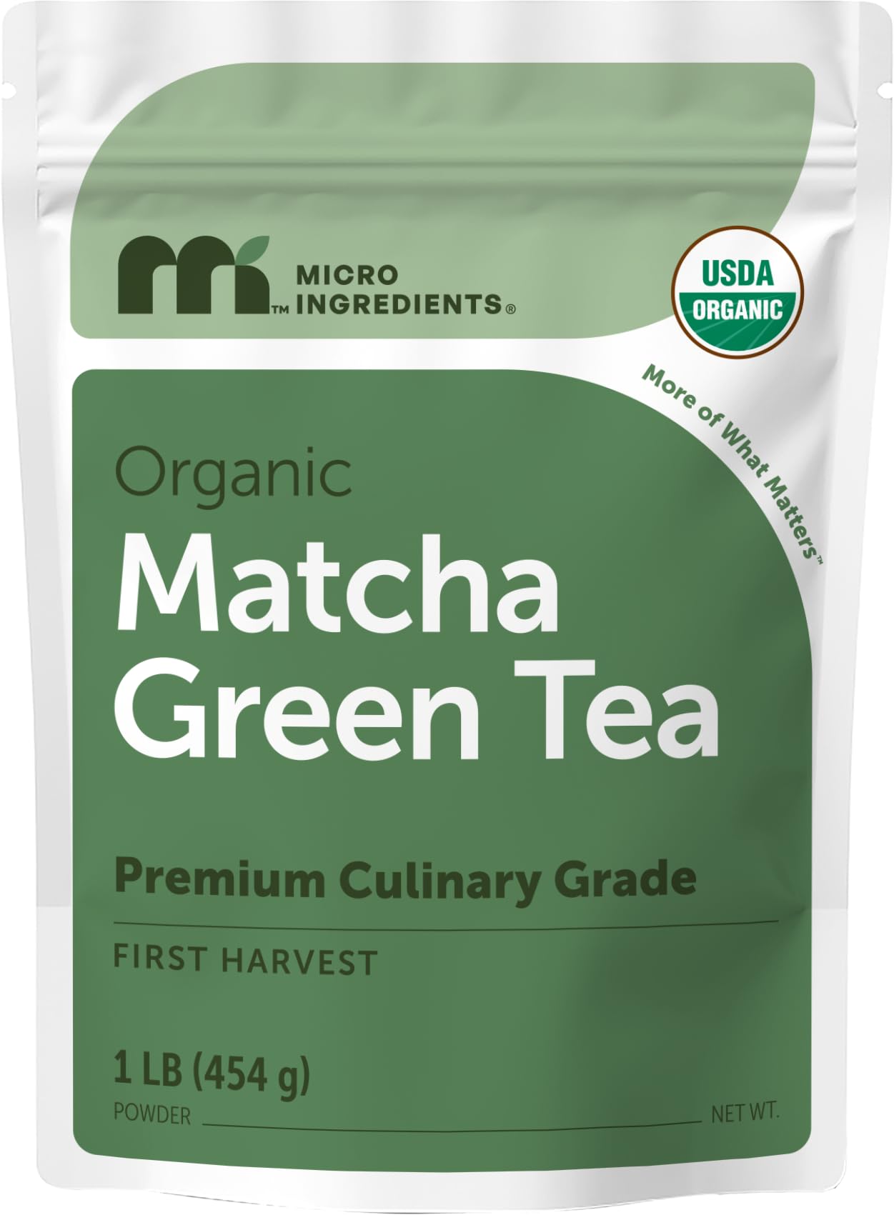 Micro Ingredients Organic Matcha Green Tea Powder, First Harvest, Culinary Grade from Japan, 100% Pure & Unflavored, Great for Tea, Latte, & Smoothies, Non-GMO, No Sugar, Eco-Friendly Packaging, 1 Lb 16 Ounce (Pack of 1)