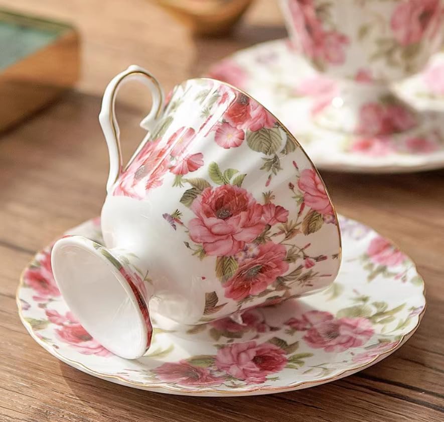 Set di tazze e piattini da caffè e tè in ceramica set di tazze da caffè e piattini in ceramica con peonia rosa piatto per tazza da latte e succo regalo di compleanno per ufficio e casa