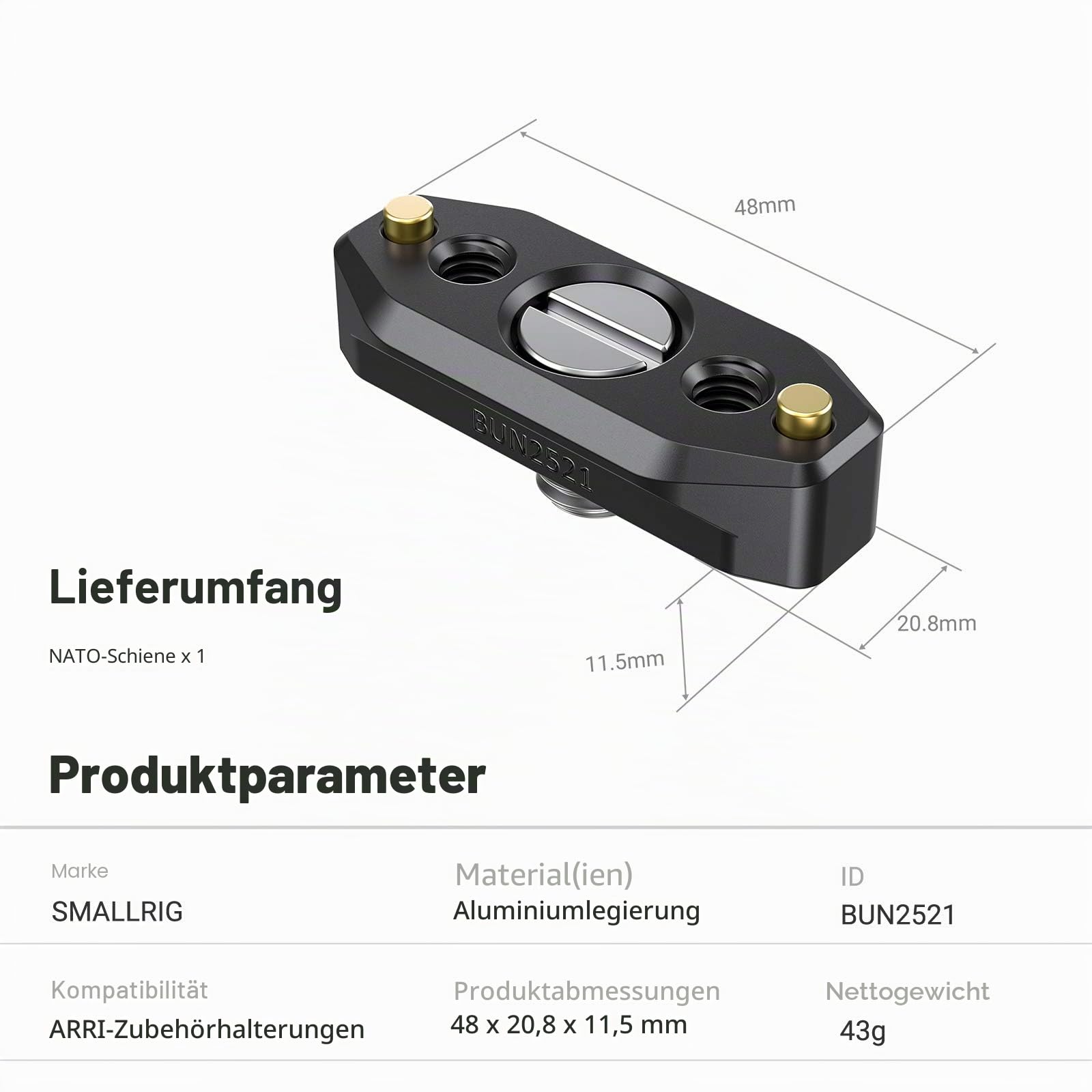 SMALLRIG NATO Rail (48mm) NATO Schiene mit Feststellschraube für ARRI Standard - BUN2521B