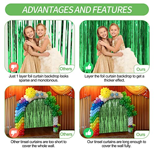Image of Crosize 4 Pack 3.3 x 9.9 ft Green Foil Fringe Curtains, Tinsel Curtain Backdrop for Parties, Door Streamers for Birthday Dinosaur Animal St Patrick's Day Football Christmas Party Decorations