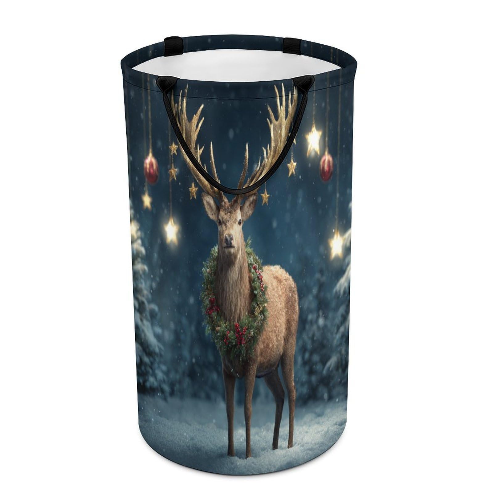 LUYYSKY Rustic Abstract Animal Deer Collapsible Dirty Clothes Basket, Retro Watercolor Merry Christmas Winter Snowy Scenery Wildlife Elk Portable Clothes Storage Laundry Basket-40 CM Dia, 69 CM High
