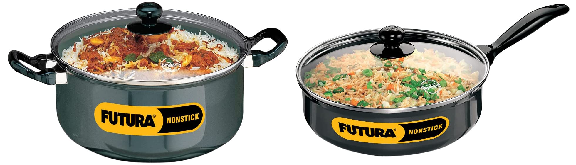 Hawkins Futura Non-Stick Stewpot with Glass Lid, 5 litres & Futura Non-Stick Saute' Curry Pan with Glass Lid, 3.25 litres Combo, 5 Liter,Black