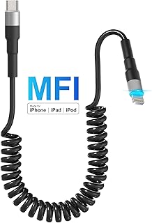 Coiled USB C to Lightning Cable, Apple Carplay Cable [Apple MFi Certified] Retractable iPhone Charger Cord with Data Sync and Blue LED, Coiled Lightning Cable Carplay Compatible with iPhone Pad Pod