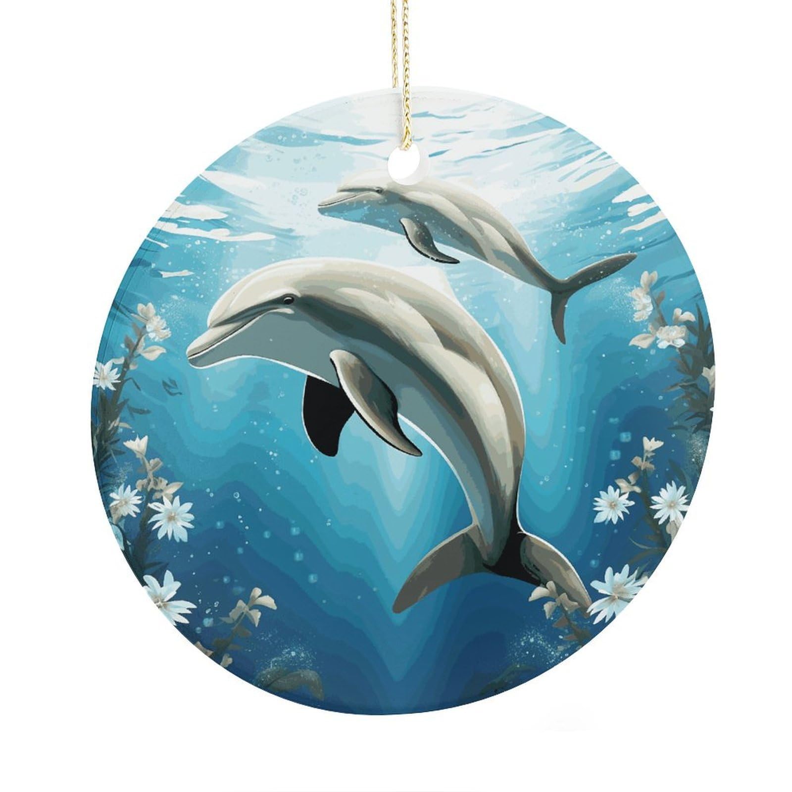 Fekiloot Style Kiss Dolphin Tale Christmas Ornaments 2.9 Inch Round Ceramic Ornament Keepsake Thank You Gifts For Office, Room, Home - Holiday Present Ideas