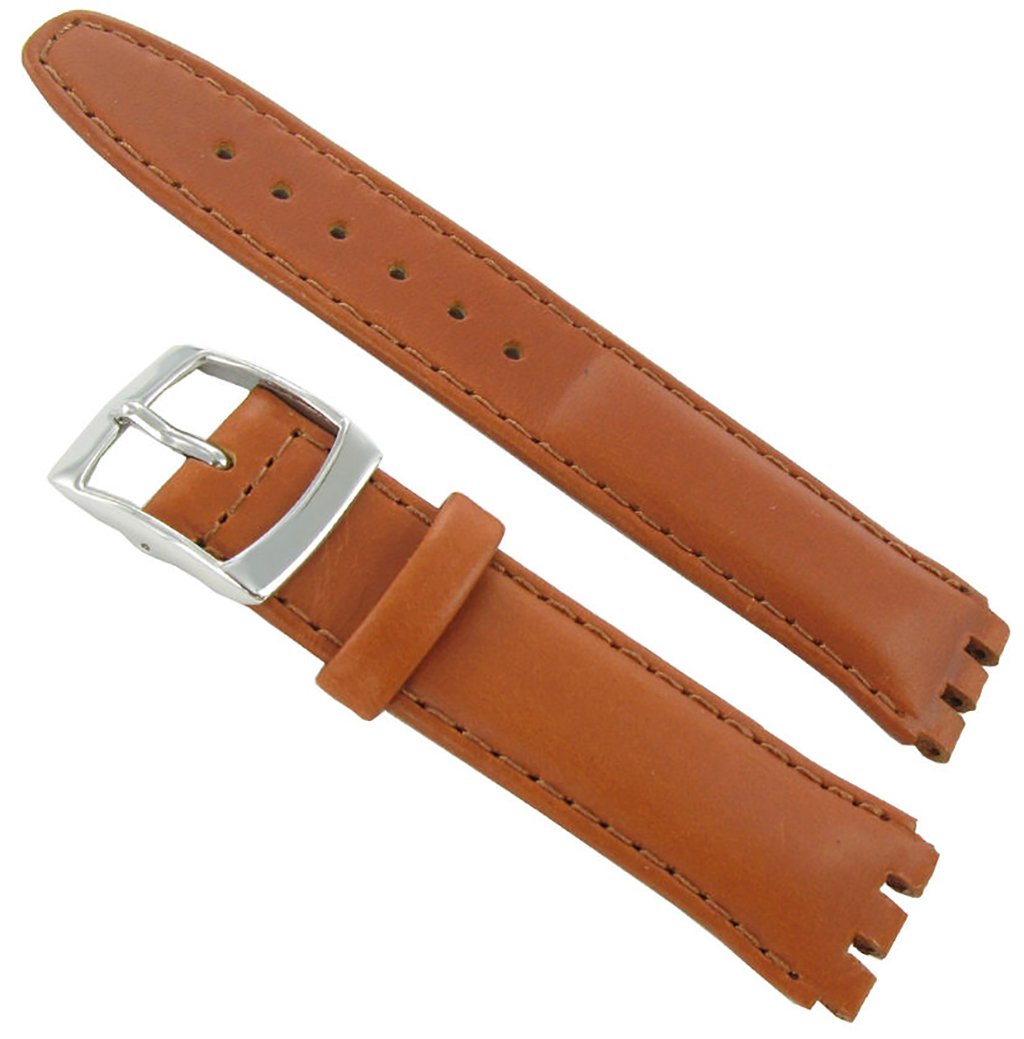 17mm Genuine Oiled Leather Padded Stitched Tan Brown Watch Band Fits Swatch