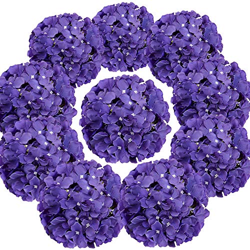 Flojery Silk Hydrangea Heads Artificial Flowers Heads with Stems for Home Wedding Decor Pack of 10 (Purple)