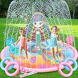 70'' Mermaid Sprinkler Splash Pad for Dogs Kids with 4 Toss Rings | Kiddie Pool Splash Pad Sprinklers for Kids Outside Summer Backyard Mermaid Party Fun Outside Water Mat Toy for Kids Ages 1 2 3 4-8
