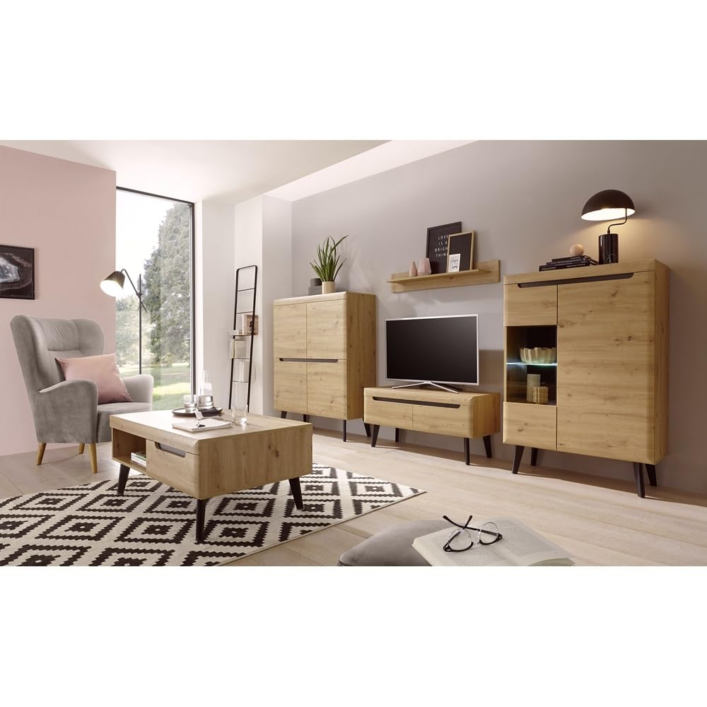 Lomadox Skandinavisches Wohnwand und Couchtisch Set, Eiche Artisan mit Schwarz, inkl. Beleuchtung, tiegezogene MDF-Fronten, Massivholzfüße