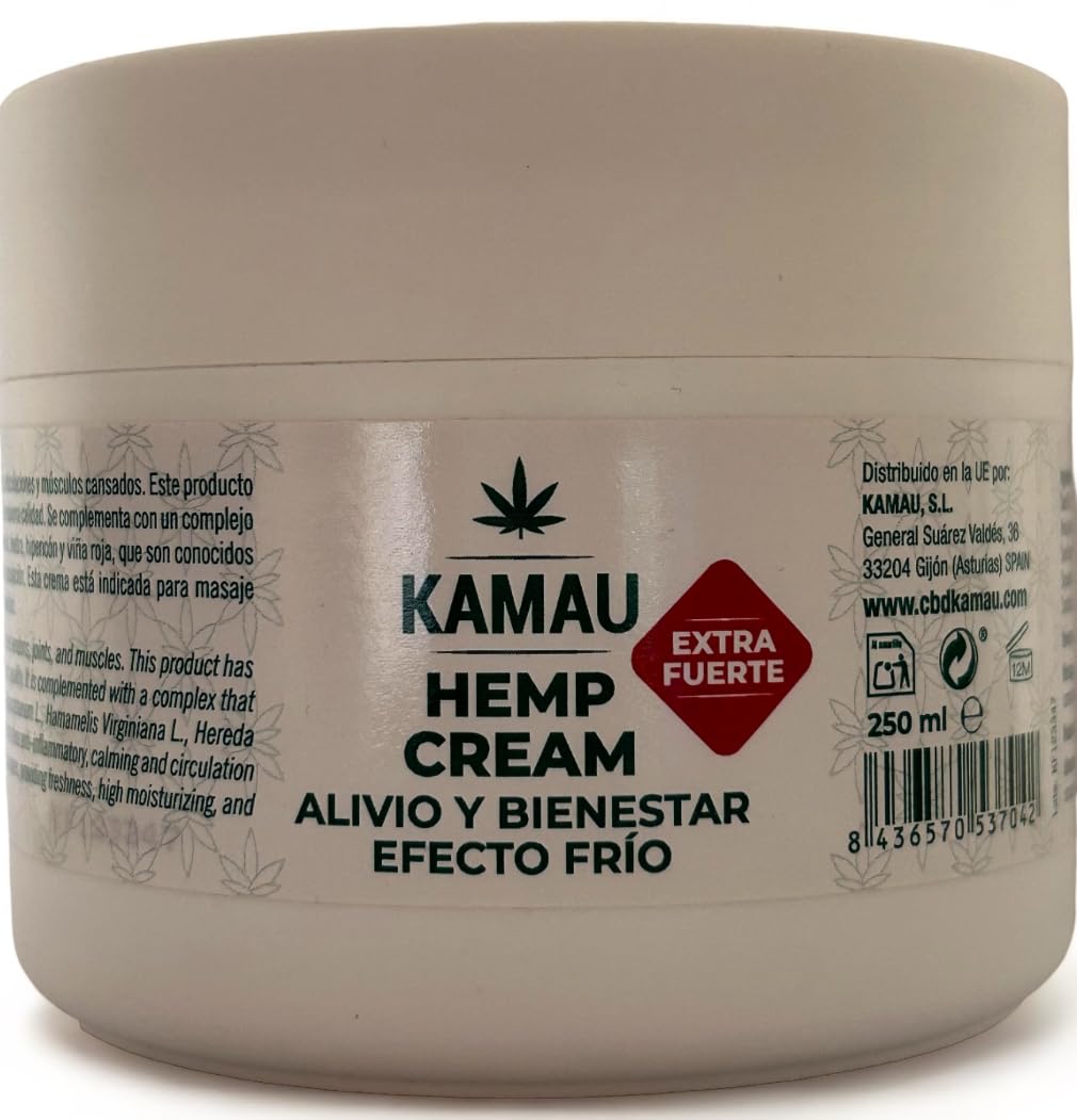 KAMAU Crema de Aceite de Cáñamo Extra Fuerte - Alivio Instantáneo para Dolores Musculares y Articulares - Crema Masaje para Cuello, Rodillas, Espalda, Hombros y Más - 250 ml