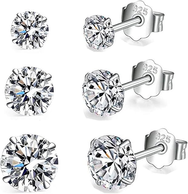 3 Pairs Solid 925 Sterling Silver Stud Earrings for Women Men Girls, Hypoallergenic Silver Cubic Zirconia CZ Stud Earrings Small Simulated Diamond Earrings, TINY Size: 2,3,4,5,6mm