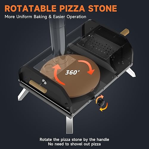 Miniatura 4 de SizzleDelite Horno de pizza para exteriores, pellets de madera, piedra redonda de pizza de 12 pulgadas, portátil de leña con termómetro integrado,