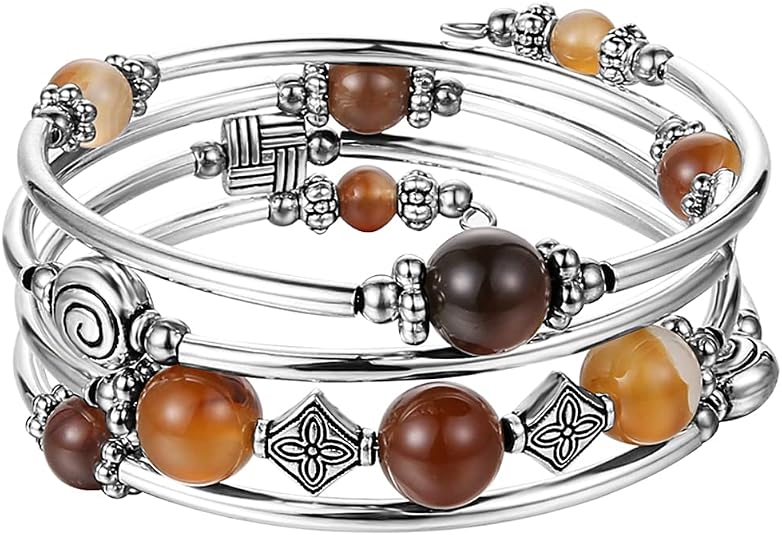Beaded Pearl Bangle Wrap Bracelet - Fashion Bohemian Jewelry Multilayer Charm Bracelet with Thick Silver Metal Beads, Gift For Women