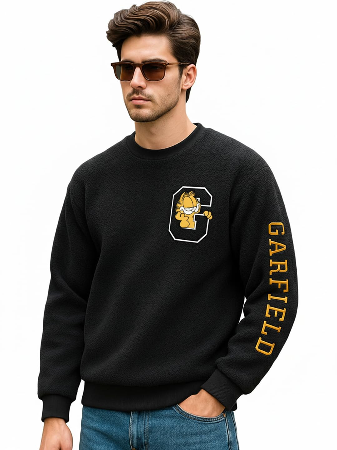 bewakoof Official Garfield Merchandise Men's Graphic Print Oversized Fit Full Sleeve Round Neck Fluff Sweatshirt-picture-39