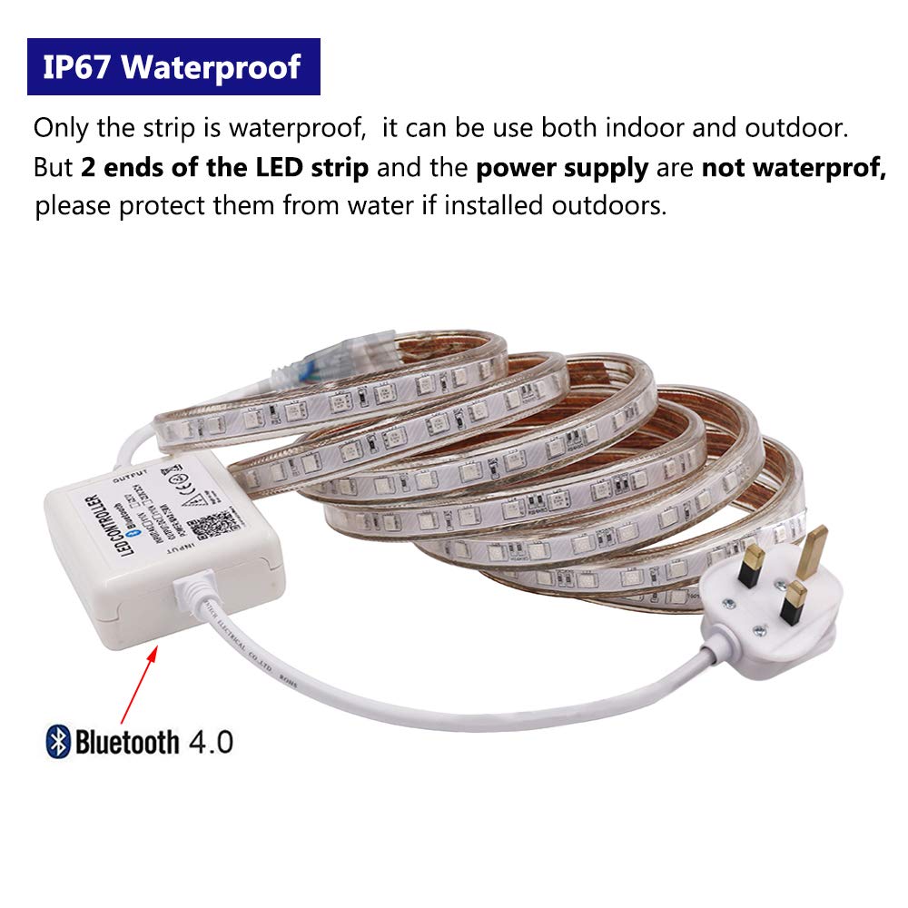 Kit de tira LED inteligente de sincronización de música y control Bluetooth, 100 m SMD 5050 RGB 120 LEDs/m de cuerda de luces + control remoto regulable, IP65 impermeable para decoración comercial en